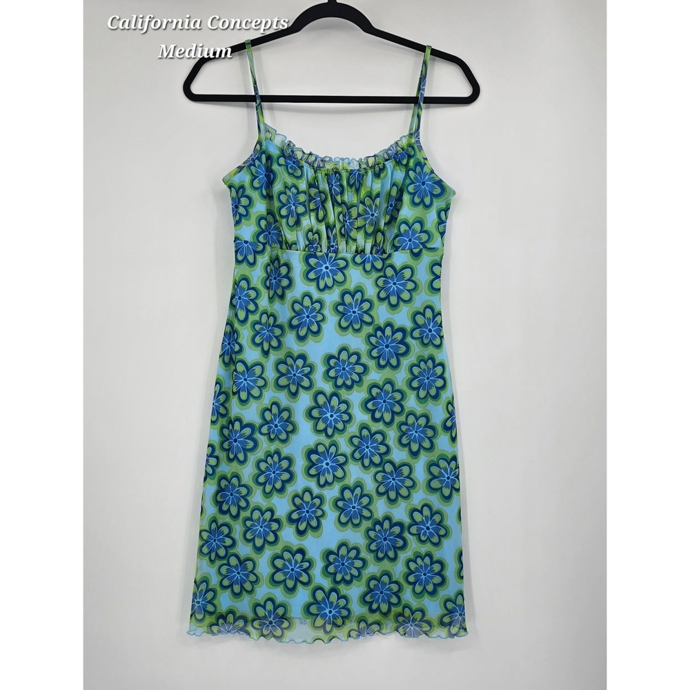 California Concepts Y2K Mesh Floral Mini Dress M Blue Green Retro Mod